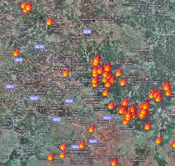 Карта пожаров вокруг Москвы